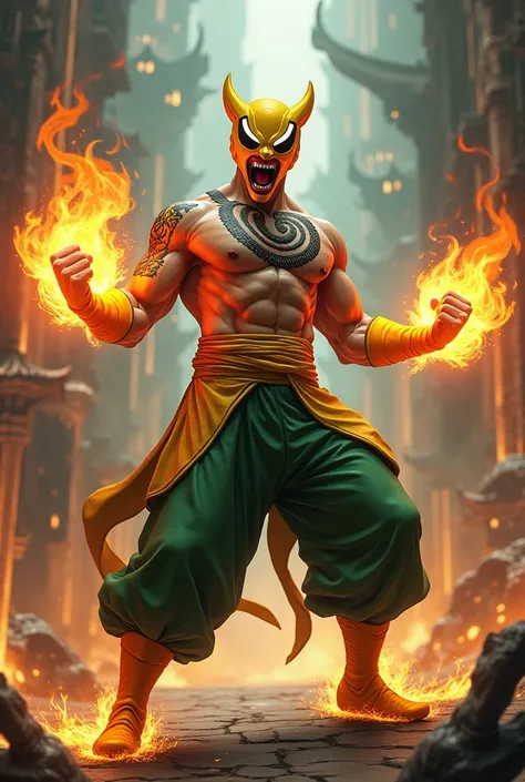 1man, shirtless, martial arts, yellow mask with open mouth, white eye patterns with black outline , muscular, green costume, yellow belt and boots, burning fists, black dragon tatto shapes into a circle, mystical city background