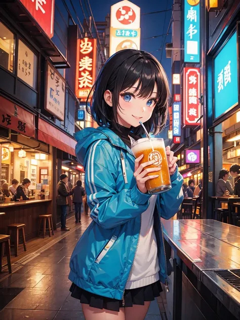 In the futuristic city of Tokyo, Inside a cozy, modern izakaya, Cheerfully holding a frosty mug of draft beer in both hands. she is smiling brightly, Her face shining with happiness. The citys neon lights and the izakayas vibrant signboards are reflected i...