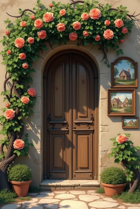 A door with roses and some small trees next to it, and covered with pictures of old houses.
