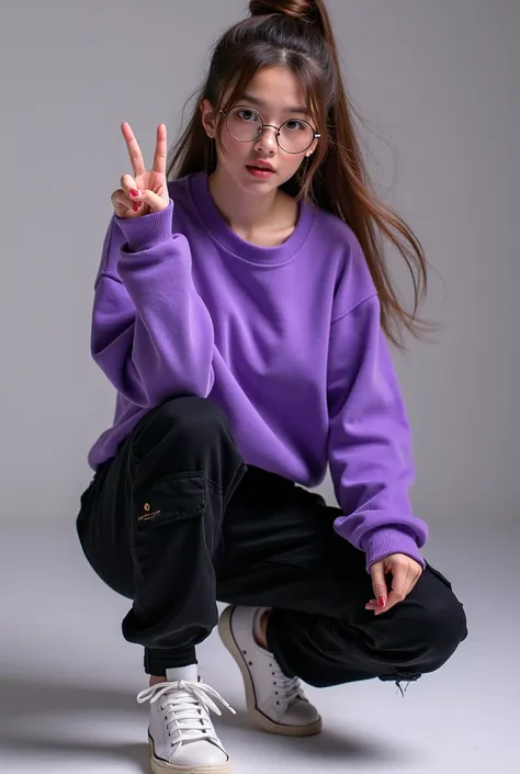  demon girl, Updo. Brown hair color.,wear glass lenses, black cargo pants, purple sweatshirt,WHITE TENNIS,poses for a photo making peace signs 