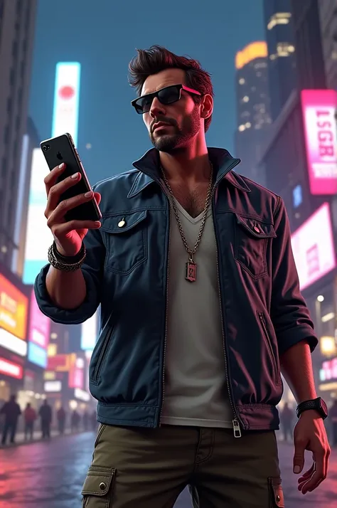 Create a character in the style of GTA V holding a phone 