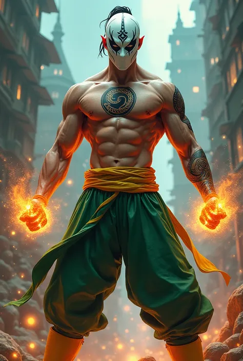 1man, shirtless, martial arts, yellow mask covers eyes and forehead, white eye patterns with black outline , muscular, green costume, yellow belt and boots, burning fists, black dragon tatto shapes into a circle, mystical city background