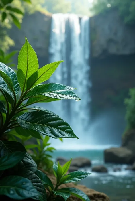 Dark green leaves with water droplets and a crystalline waterfall in the background 