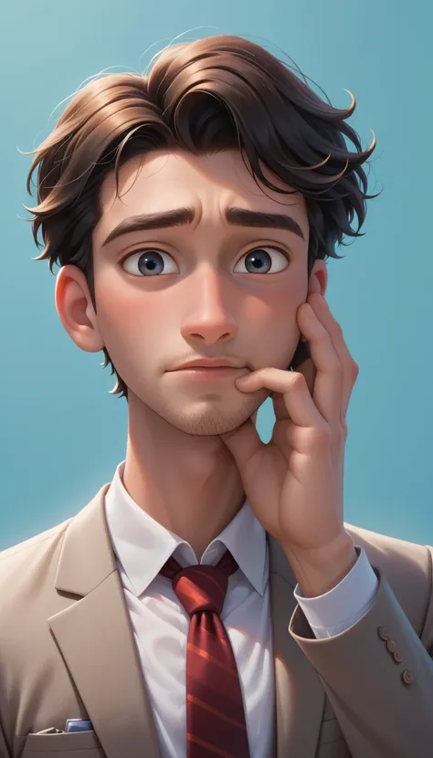 1boy,(Best Quality, Masterpiece, Original, Very Detailed 8K Wallpaper) (Remaining), (Very Detailed), (Illustrated), (Detail Light), (Advanced), (Solo: 1.4) (8K), (Exit CG), (Masterpiece), (Resources), ((Pixar Style)),  suit, small, high-end, holding face,w...