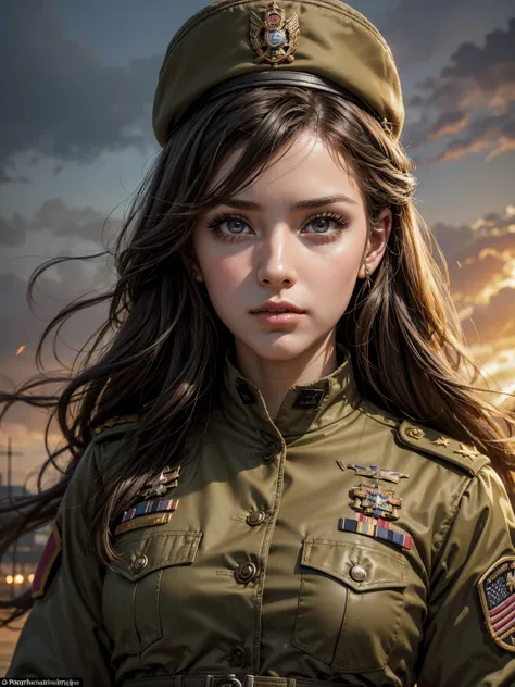 (Name: Reina Parker), Pretty, Beautiful Eyes, Angelic Face 1.2, Using World war 2 American Army Outfit, Battlefield Background, She is an Army chief, 30 year-old