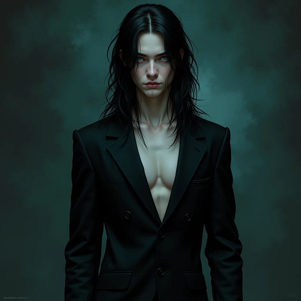 A sexy young male with teal blue eyes and long straight black hair, with pretty and delicate facial features, he is wearing gothic black clothes. His skin is pale and white. He has thick and shiny legs. (Male) (Black and purple) (Make it realistic) ((no fa...