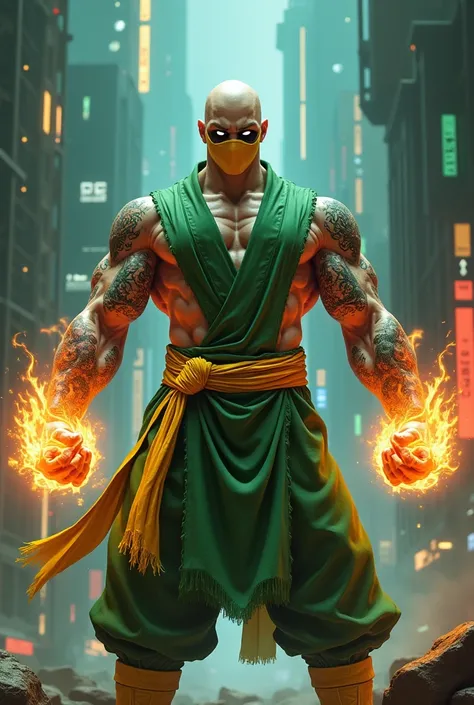 1man, no hair, shirtless, martial arts, yellow mask covers eyes and forehead, white eye patterns with black outline , muscular, green costume, yellow belt and boots, burning fists, black dragon tatto shapes into a circle, mystical city background