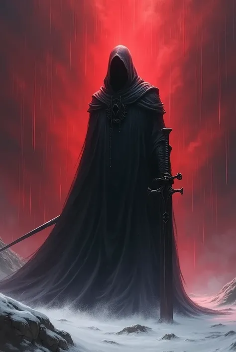 Create a scene where a cloaked villain stands tall and imposing with his large black sword amidst a rain of red clouds in the snow.