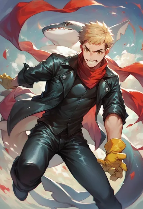 illustration, detailed illustration, ultra detailed, dynamic angle, 1boy, short blonde hair, brown eyes, shark teeth, black leather pants, black leather jacket, black boots, yellow gloves, red scarf