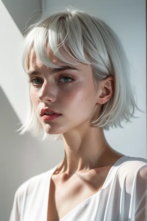 Instagram Photos, French woman, 21 years old, square hair cut,White Hair, Drape shirt, Neckline, pale, Sharp Shadow,whole body,Pure white background