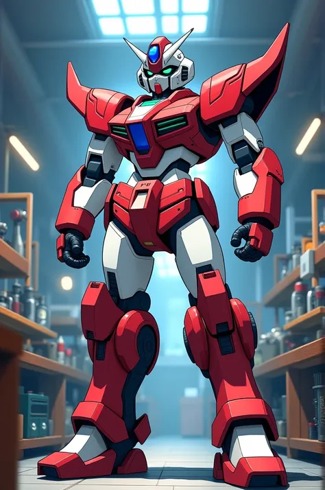 red and white robot mecha with black eyes, blue helmet and the rest of the body in blue, red and white, anime type with a workshop background for fixing robot breakdowns