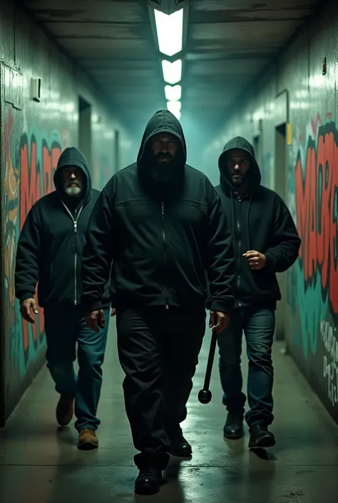 Dark subway hallway from the 90s with graffiti that says MAD RED in red, 3 white men with hoods
and beards, their faces obscured, walking, One of them is fat, he weighs more than 140 kilos, The other 2 are thin, One should carry a microphone