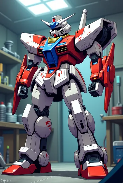 red and white robot mecha with black eyes, blue helmet and the rest of the body in blue, red and white, anime type with a workshop background for fixing robot breakdowns