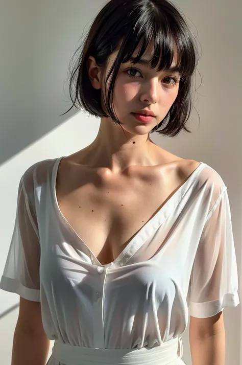 Instagram Photos, French woman, 21 years old, square hair cut,Black Hair, Drape shirt, Neckline, pale, Sharp Shadow,whole body,Pure white background