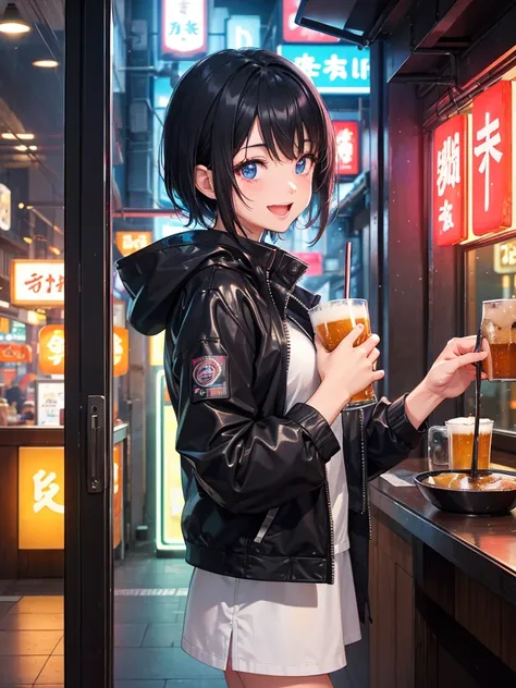 High resolution,Perfect Anatomy,Accurate anatomy,1 person ,Trending Hair,Trending Hair color,トレンドTシャツ

In a futuristic city of Tokyo, inside a cozy and modern izakaya, a joyful girl is holding a frosty mug of draft beer with both hands. She is laughing bri...