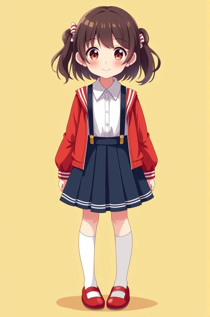 A preschool uniform for a girl with a white shirt and red and yellow lines on the collar, a dark blue and red skirt with yellow lines and suspenders, a dark blue jacket with red and yellow stripes on the cuffs and waist, white pants and red shoes