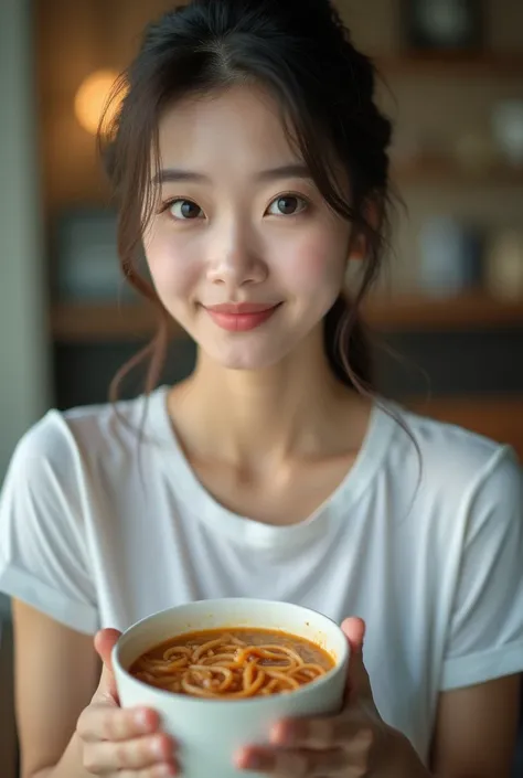 close-up of beautiful Korean woman, hair tied, wearing short-sleeved t-shirt, holding cup of noodles, bokeh background, UHD