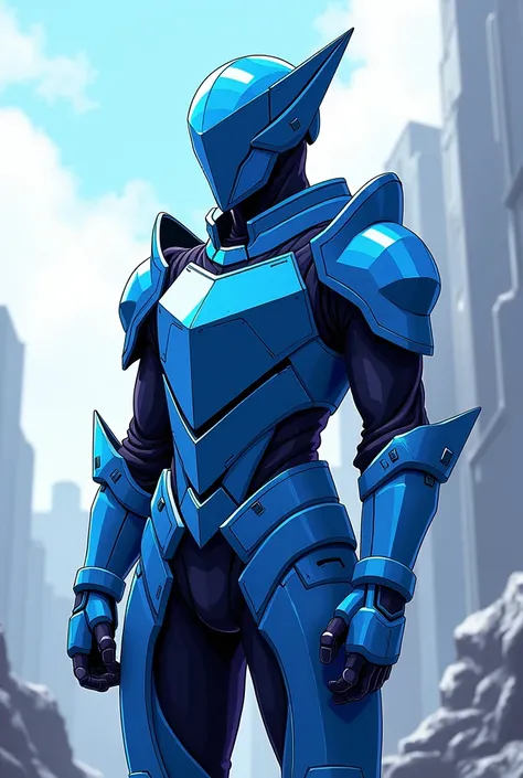 A medieval style armor but made of blue pixels for only one person in 2d with the animation style of My Hero Academia 