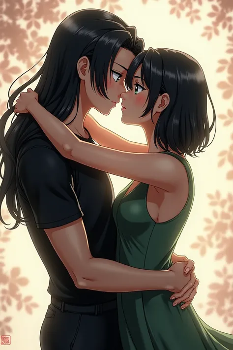 2 people, boy, very beautiful, long black hair, beautiful body, Black T-shirt, black trousers, grey eyes, kisses a girl with short black hair to her shoulders and green eyes, anime art, masterpiece, realistically