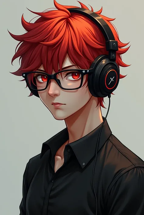 a boy with glasses, with red eyes and red hair wearing a shirt and headphones, tall and with a dominant attitude 