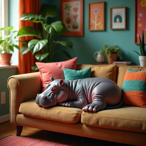 realistic photograph of a baby hippo sleeping on the sofa in the living room of a colorful house, highly detailed photograph, professional photography,