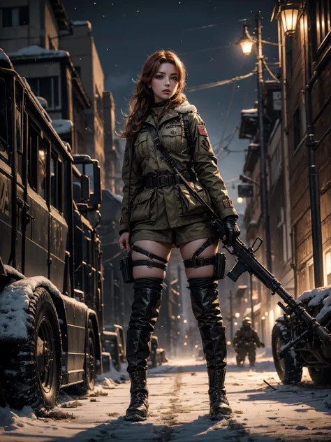 (Name: Reina Parker), Pretty 1.2, Beautiful Eyes, Using World war 2 American Army Outfit with More Iron Attachment on the Outfit, Winter Night Apocalypse World, Dirty Outfit and body, 30 year-old