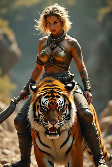 A Thai female warrior with short golden hair, golden brown armor, a claw weapon on the back of her hand, and a tattoo on her left arm, riding a tiger.