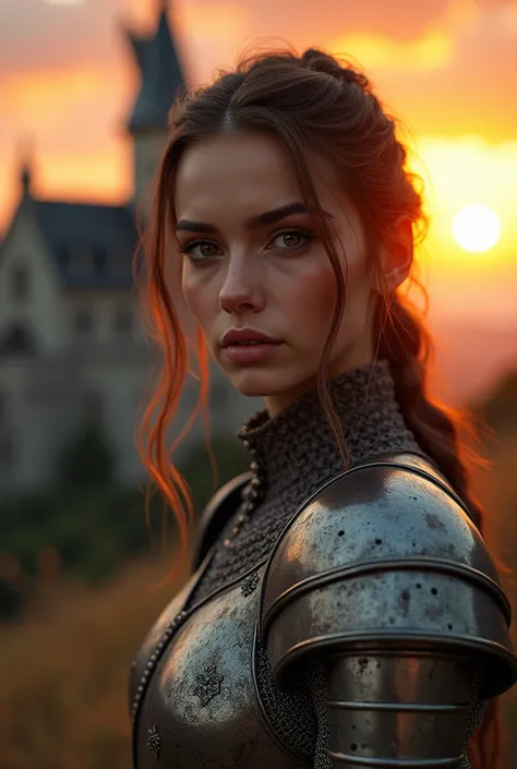 (masterpiece), (extremely intricate:1.3), (realistic), portrait of a girl, the most beautiful in the world, (medieval armor), metal reflections, whole body, outdoors, intense sunlight, far away castle, professional photograph of a stunning woman detailed, ...