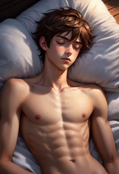 Teenage guy, white skin, toosled brown hair, nut eyes, slender body, summer vibes, sleeping position, dramatic lighting, dark colors, textured skin, hand gesture, naked dick, sensual, detailed features, edgy, teenage, intimate, high quality anime oil art, ...