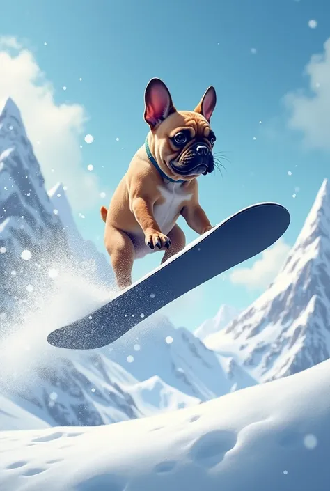 ((Highest quality)), ((masterpiece)), (detailed), A French Bulldog enjoying jumping on a snowboard