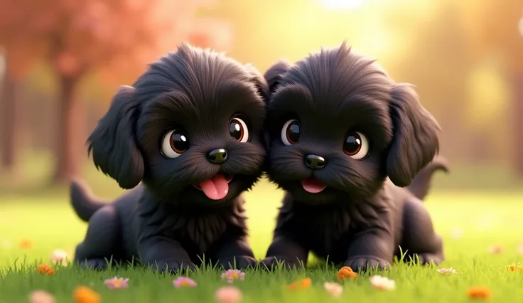 2 adorable cartoon black shih tzu puppies 3D Pixar style