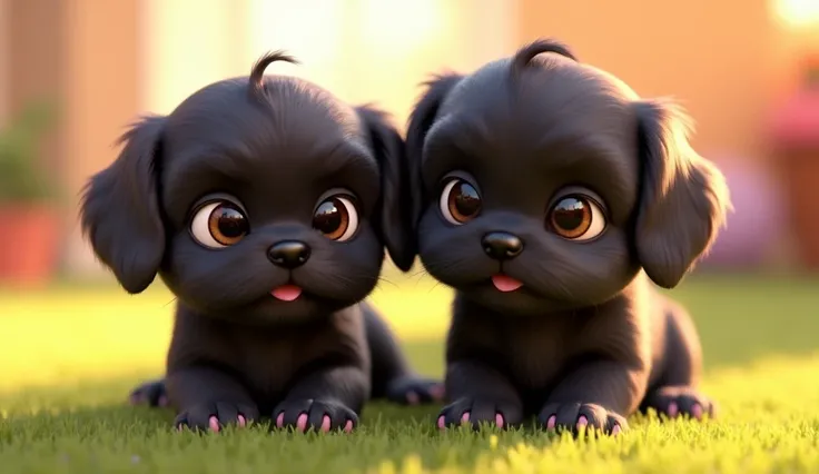 2 adorable cartoon black shih tzu puppies 3D Pixar style