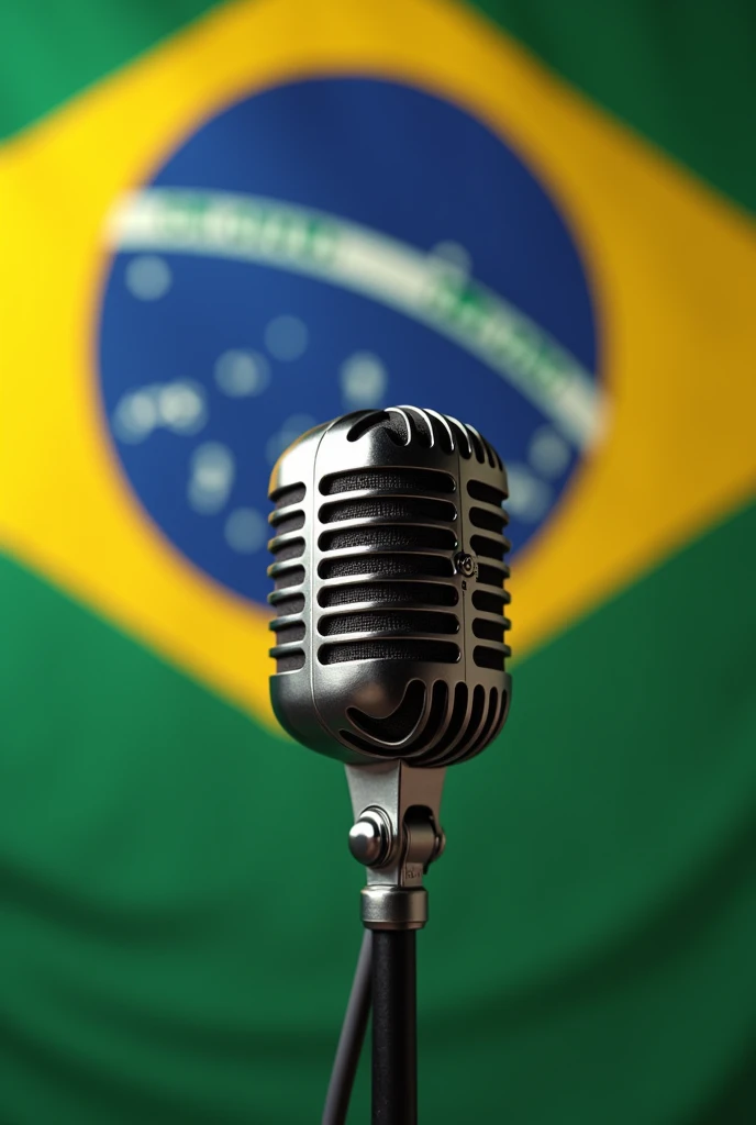 Make a microphone with a human body laughing and the Brazilian flag in the background.