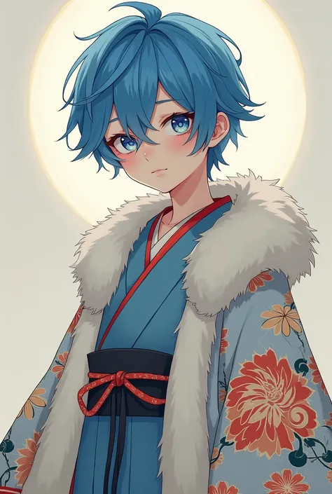 Cool anime boy in blue, with a fluffy Japanese-style outfit. 