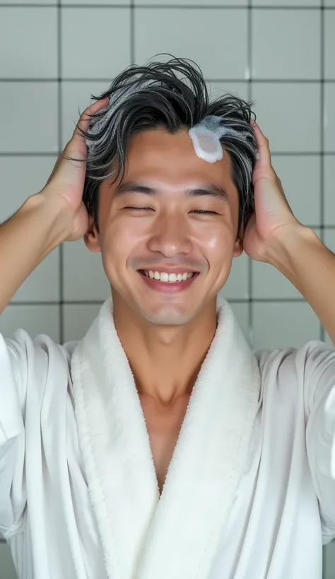 Create a handsome Asian man，The facial features are neatly dressed in a white satin bathrobe.，Wash your hair with your hands，My hair is full of foam，The foam on the head covers all the hair，The expression is happy，The characters are realistic and realistic...