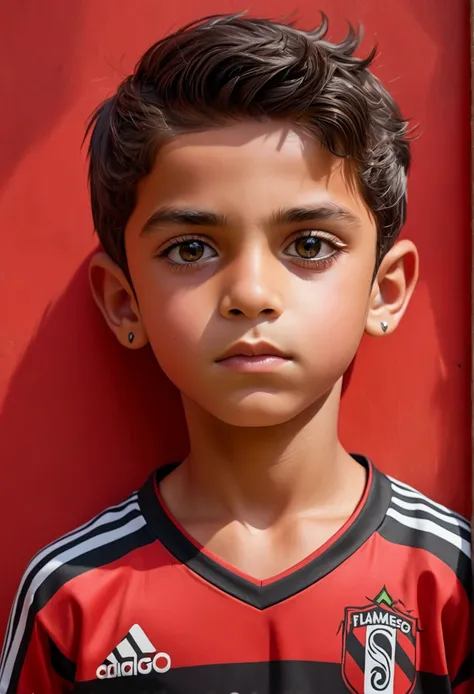 Football fanatic boy with Flamengo shirt front portrait 