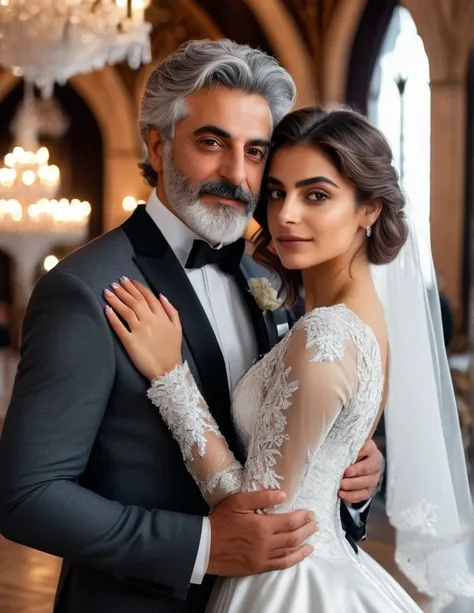 (fullbody photo:2.0) of father and daughter embracing in a ballroom: (a 25-year-old iranian woman, brown skin, triangular shaped face, brown eyes, long wavy hair, dark brown hair, busty, wearing a white winter wedding dress, long sleeves), embracing (a 65-...