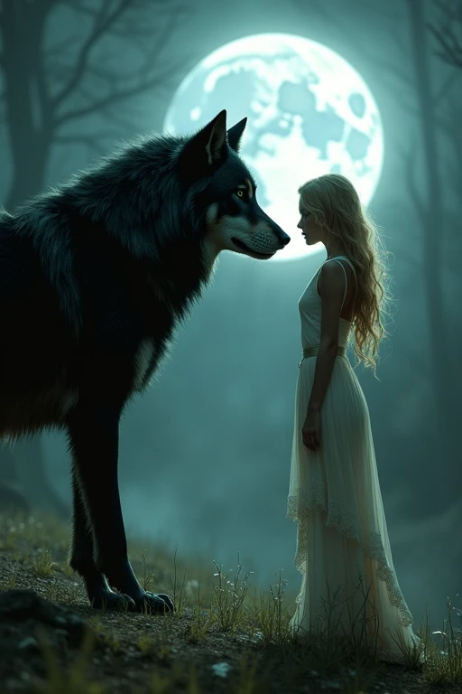 1 loup noir aux yeux noirs face a une jeune femme blonde aux yeux verts , mince. A l arriere plan la pleine lune 
