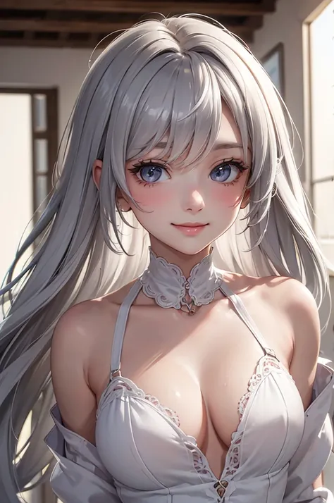 Best Quality,High resolution,8k,finelity detailed background,Masterpiece:1.2),beautiful girl,Glossy romance gray hair,messy hair,Gray eyes,Gentle look,A refreshing look,smile,Best quality,Best Quality,Aesthetic and aesthetic:1.2,Best details((Super detaile...