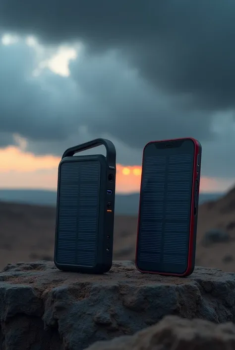 Can you generate a solar power bank and solar phone in case of emergency, one solar power bank picture and one solar phone picture