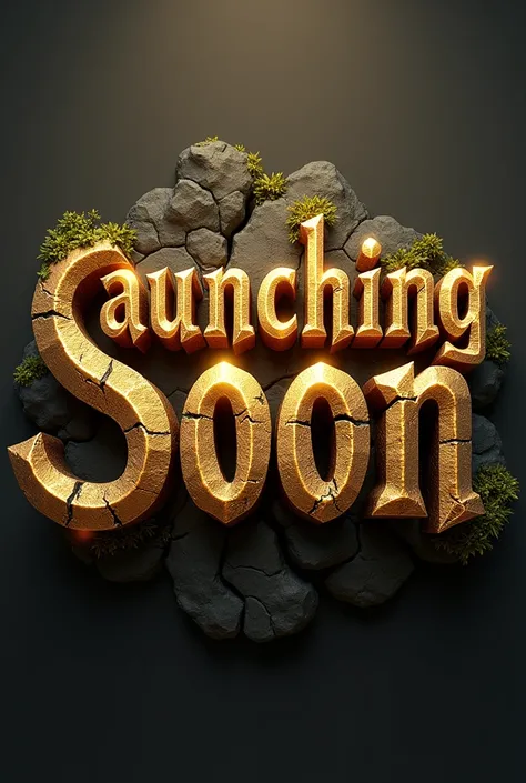 Create a 3D stylized text design for the word Launching SOon using a medieval fantasy-themed font. The font should have a bold, blocky appearance with subtle curves and intricate details. The letters should have a stone-like texture, with small cracks and ...