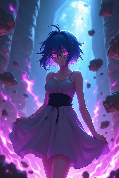 Very minimalistic, dynamic scene with a female character, bright purple eyes, glasses, blue hair, dress, chaos, everything in purple flames, demonic, light, glow, spiky hair, anime, darkness, fragments of fire, fire rain, thunderstorm, blue flame in the ba...