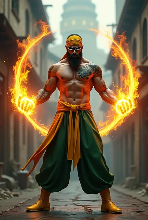 1man, shirtless, martial arts, yellow durag mask, white eye patterns with black outline, beard shades , muscular, green costume, yellow belt and boots, burning fists, black dragon tatto shapes into a circle, mystical city background