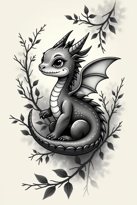 A tattoo template with a baby dragon with wings that looks cute and is winding along branches with leaves from above and hissing where you can see teeth, the whole thing in black and white but rather lighter than dark 