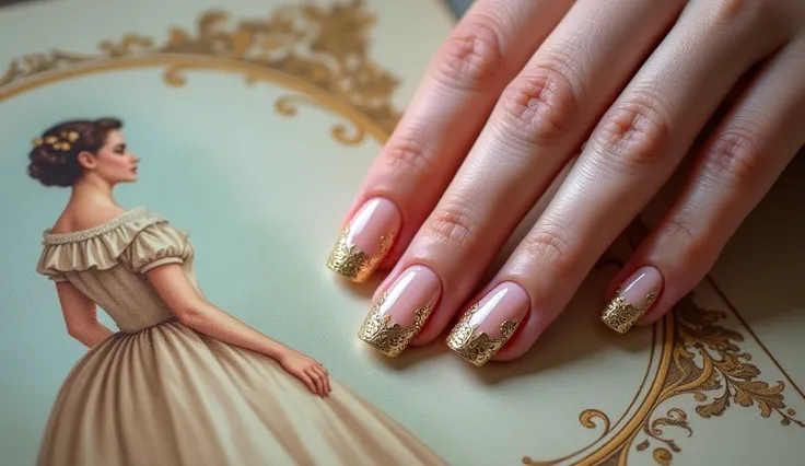 **Victorian Romance Nail Art:** The nails feature delicate scrollwork and antique gold accents, inspired by Victorian patterns. The background on the left shows an elegant Victorian-era dress, evoking a sense of timeless romance.