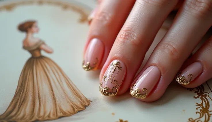 **Victorian Romance Nail Art:** The nails feature delicate scrollwork and antique gold accents, inspired by Victorian patterns. The background on the left shows an elegant Victorian-era dress, evoking a sense of timeless romance.