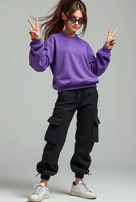 Young Demon Woman, Ponytail Hairstyle, Brown Hair Color,glass lenses, black cargo pants, purple sweatshirt,WHITE TENNIS,poses for a photo making peace signs,a photographic background 