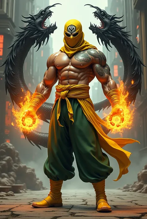 1man, shirtless, martial arts, yellow durag mask, white eye patterns with black outline, muscular, green costume, yellow belt and boots, burning fists, black dragon tatto shapes into a circle, mystical city background