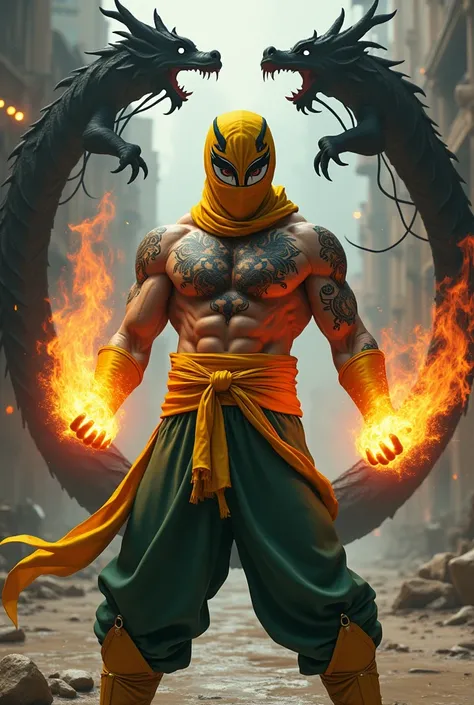 1man, shirtless, martial arts, yellow durag mask, white eye patterns with black outline, muscular, green costume, yellow belt and boots, burning fists, black dragon tatto shapes into a circle, mystical city background