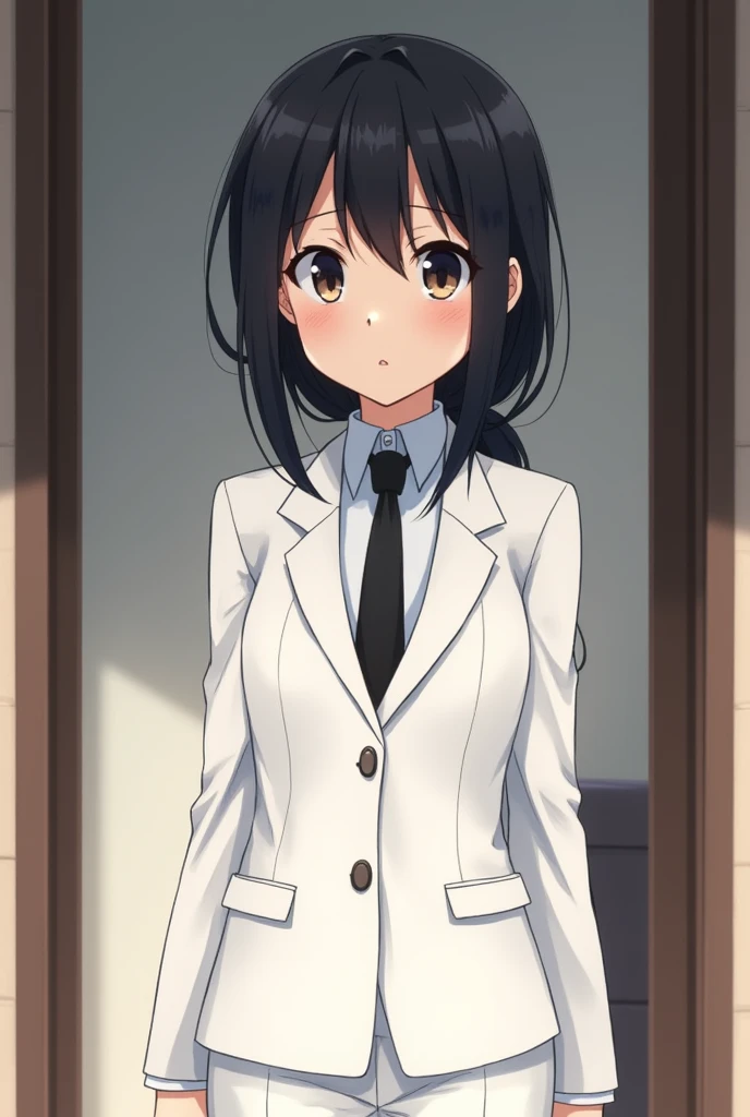 A somewhat serious anime girl with black hair, eyes black, skin fair, white suit and white blouse with a black tie and the background is her house.